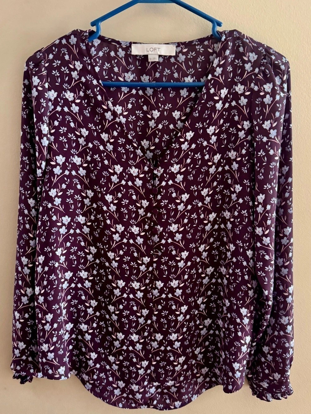 LOFT Plum Burgundy Floral Long Sleeve V-Neck Blouse - Size XS